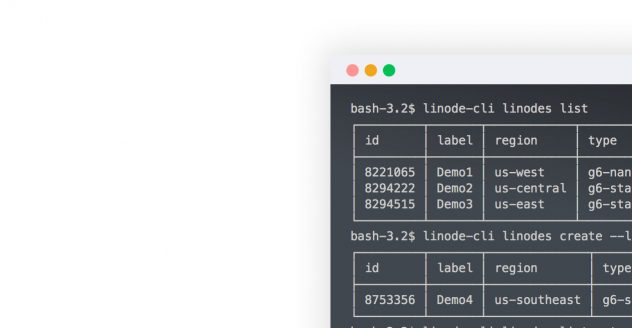 Exibição de linha de comando mostrando uma lista de instâncias do Linode Compute no Akamai Connected Cloud